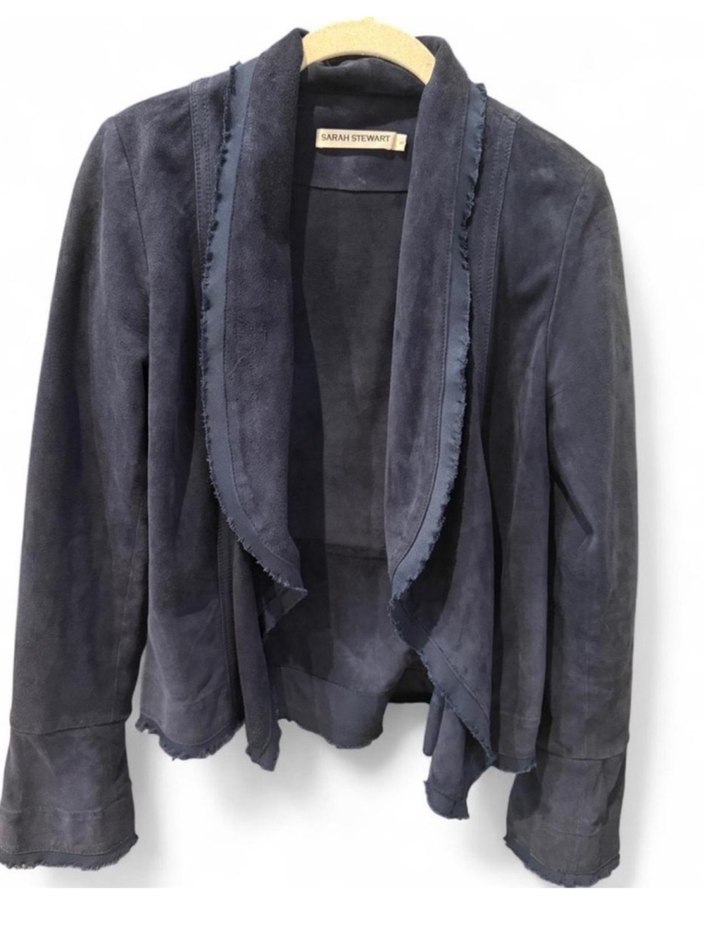 Sarah Stewart Navy Blue Genuine Suede Leather Raw Edge Jacket S